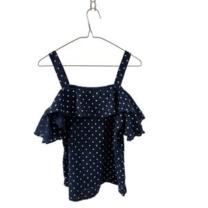 J.Crew Blue with White Polka Dots Cold Shoulder Top Size 00 NWT‎